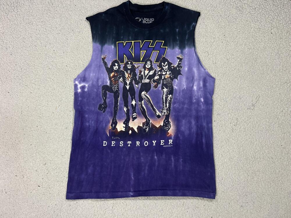 Y2K KISS Liquid Blue Shirt Mens Medium Purple Tie Dye Destroyer Band Tank Top